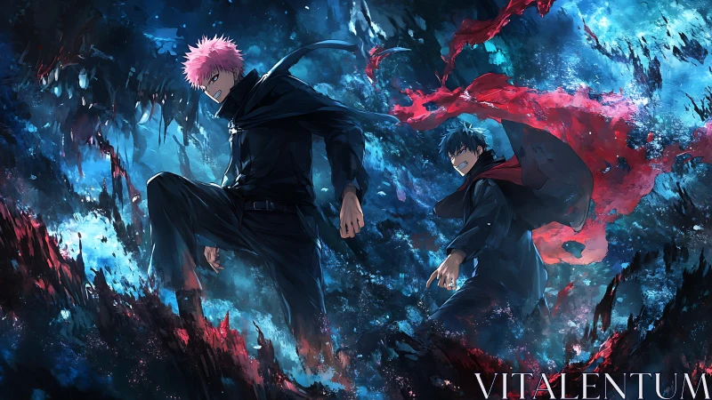 Two anime fighters stride through glowing blue chaos