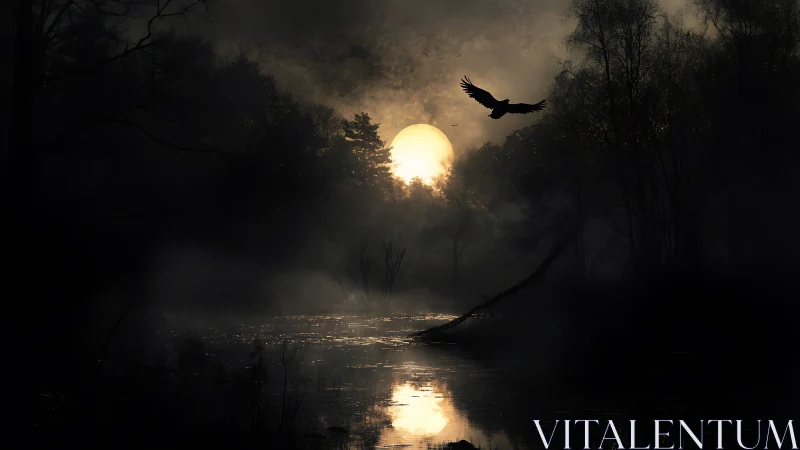 Mystic moonrise welcomes a lone bird over a quiet river