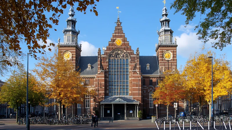 Historic brick city building with twin clock towers in autumn.
