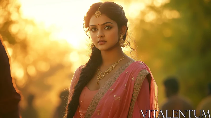 Sunlit portrait of woman in pink saree at golden hour.