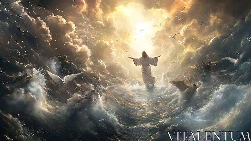 Radiant figure walking the sea beneath stormlit heavens.