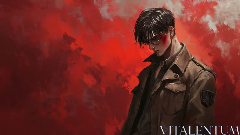 Brooding soldier in khaki coat amid abstract crimson storm.
