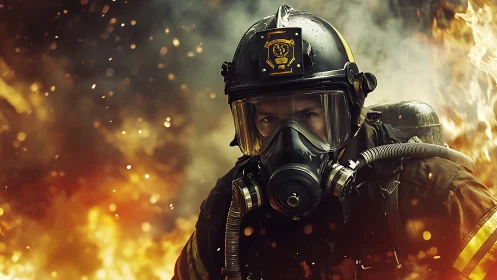 Firefighter Amid Inferno: Portrait Surrounded by Flames.