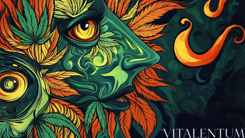 Leaf-crowned surreal face glows in swirling emerald night.