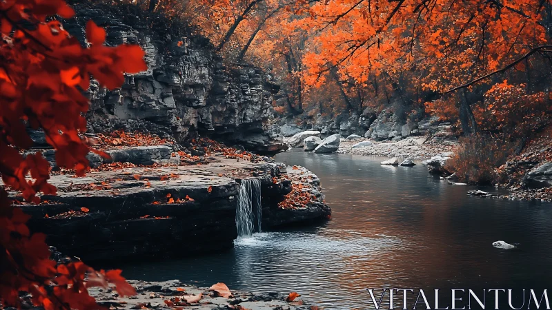 Autumn river gorge with stratified rock ledge waterfall system.
