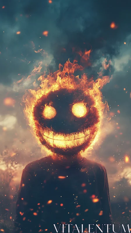 Smiling wildfire spirit stalks a storm-dark, emberlit horizon.