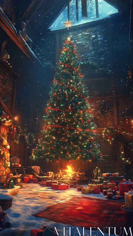 Tall decorated tree stands in snow covered interior space