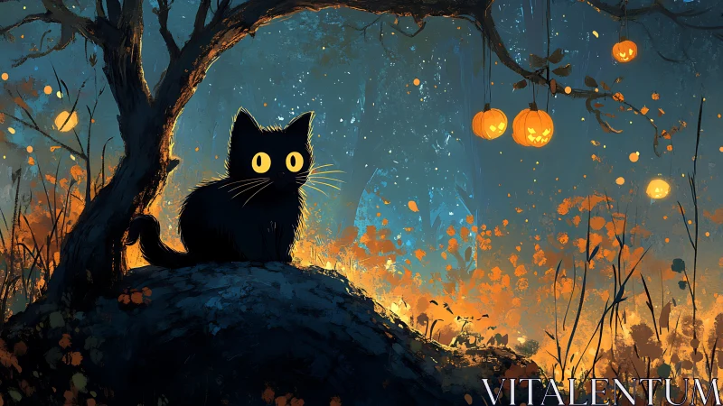 Black Cat on Hill Under Autumn Moon.