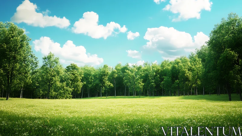 Sunlit meadow edge meets dense summer forest canopy.