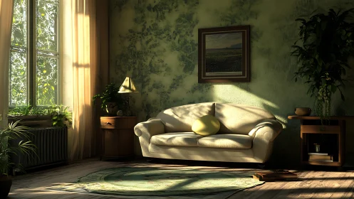 Sunlit green living room with sofa and indoor plants.