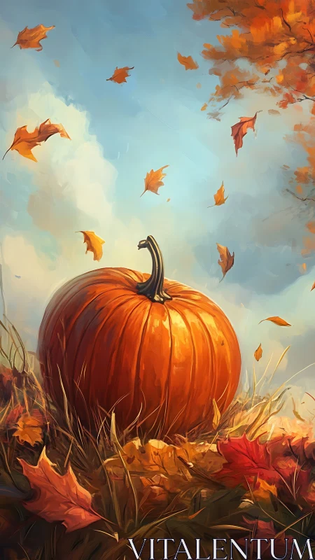 Autumn pumpkin study under windswept maple foliage.