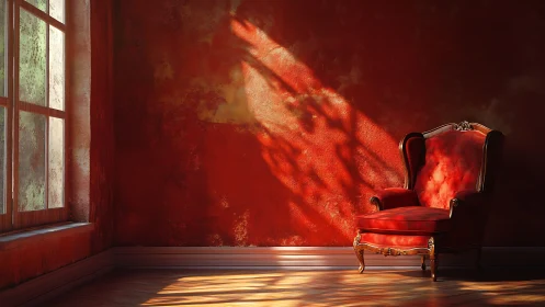 Golden afternoon light warms a quiet red reading chair