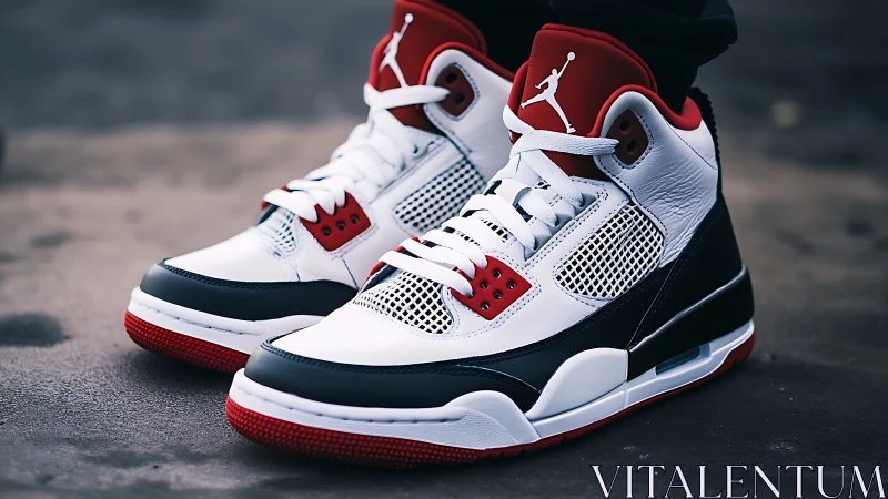 High contrast basketball sneakers stand boldly on urban concrete