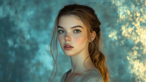 Ethereal young woman portrait in teal bokeh light field.