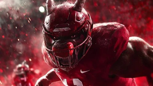 Demonic football warrior charges through red stadium storm
