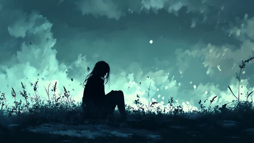 Silhouetted figure in twilight meadow against teal cloudscape.