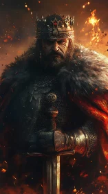 Fierce medieval king standing strong in firelit armor.