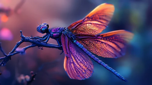 Macro digital painting of luminous dragonfly wing structure.