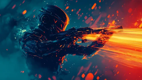 Cyberpunk exosuit gunner with neon ballistic light trails.