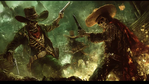 Digital painting of undead gunslinger duel in burning jungle.