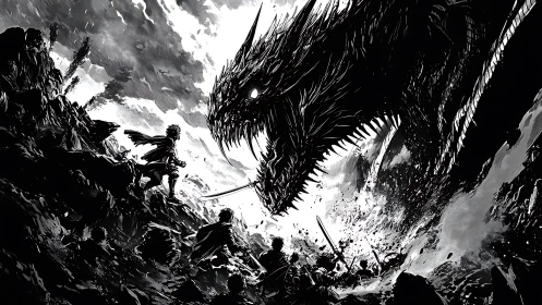 Monochrome warriors confronting colossal spiked dragon storm.