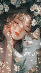 Sleeping girl and kitten share dappled spring sunlight