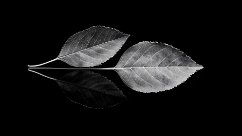 Monochrome leaf duet rests in mirrored minimalist space.