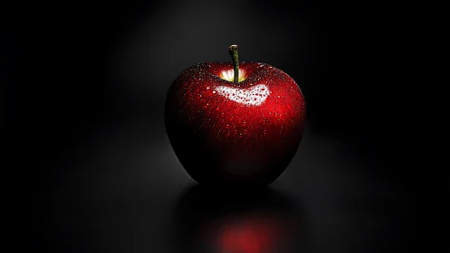 Specular-lit macro study of dew-coated red apple geometry.