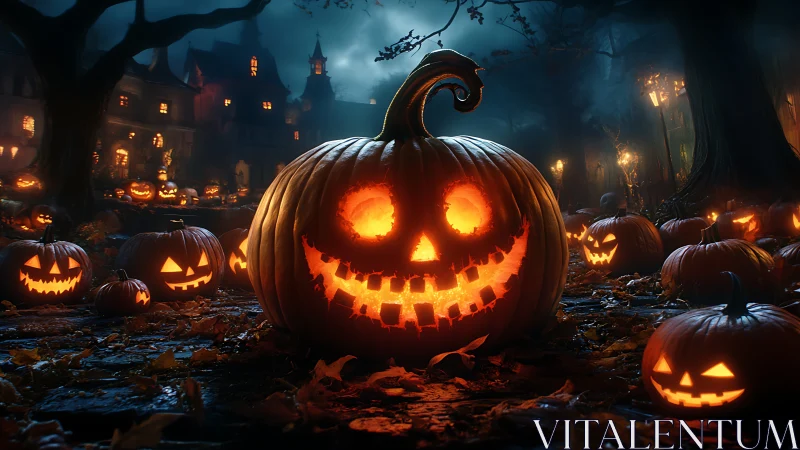 Grinning jack-o’-lanterns glowing in a haunted forest street.