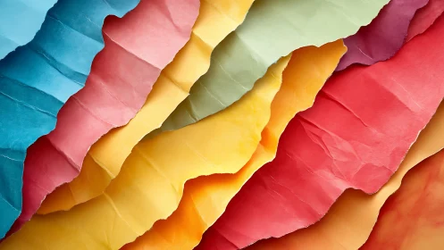 Layered torn sheets of colorful paper in overlapping rows.