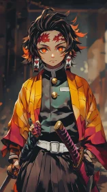 Anime swordsman stands in patterned haori with glowing eyes