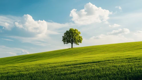 Lone Tree on Rolling Green Hill Under Bright Sky, Landscape Photo.