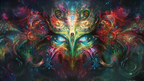 Cosmic spirit unfurls as luminous eyes bloom in stardust.