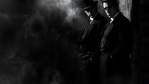 Two men in suits stand in dark alley with heavy shadows.