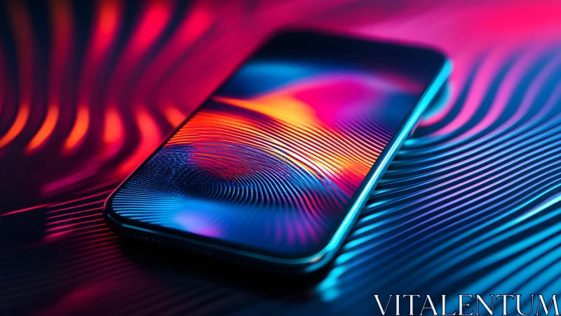 Modern smartphone on neon abstract waves, futuristic digital art.