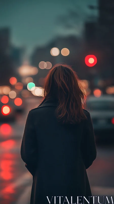 Solitary figure on wet city street with cinematic bokeh glow.