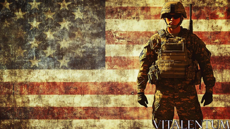Grit-textured soldier silhouette against a weathered US flag.
