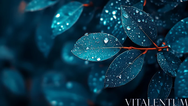 Teal raindrop leaves glow against deep blurred background.