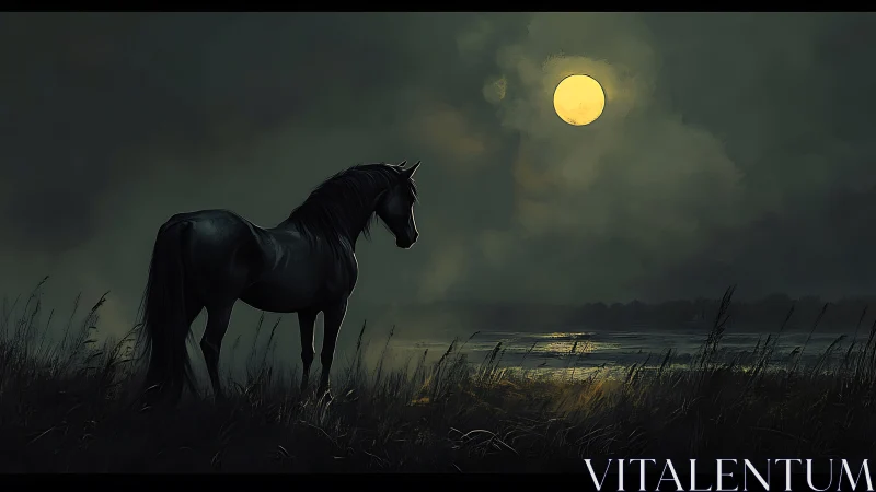 Lunarlit black stallion surveying foggy marshland horizon.