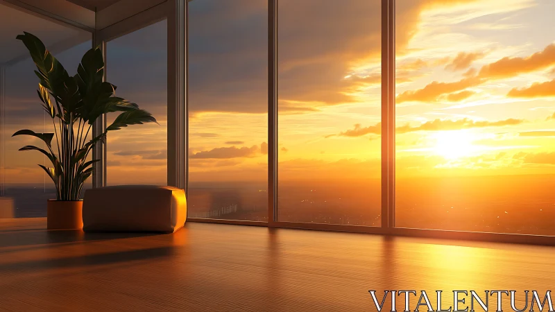 Golden sunset pours into a peaceful modern living space