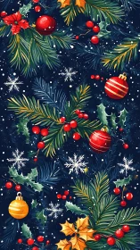 Christmas branches, baubles and berries on dark background.