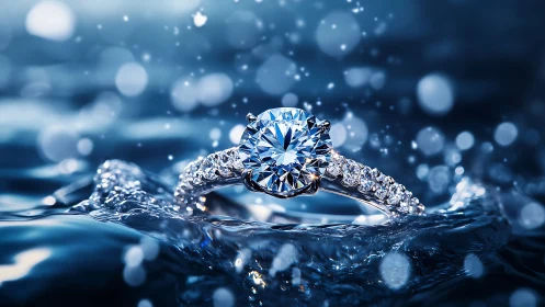 Diamond ring rests on rippling water with bokeh highlights