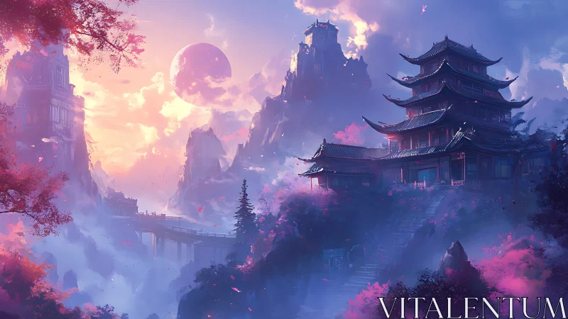 Moonrise over mystic mountains and blossom-shrouded temple.