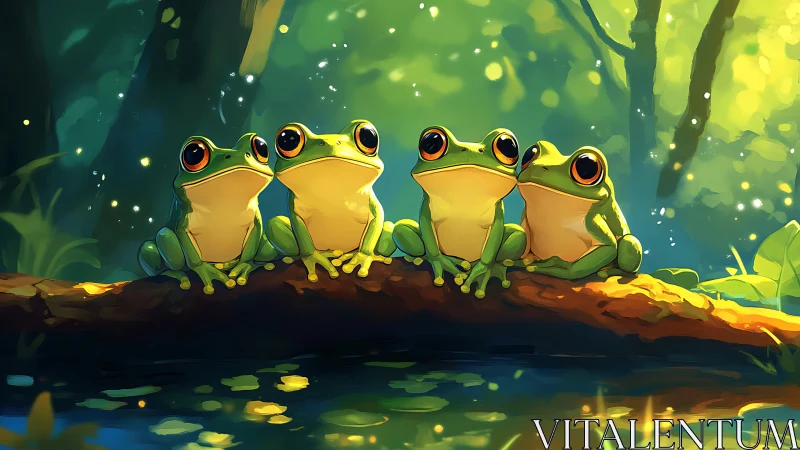 Firefly chorus of four bright-eyed frogs on a mossy log.