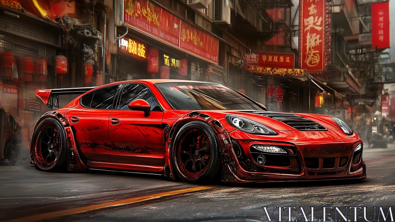 Widebody red sports car is rendered in dense urban street