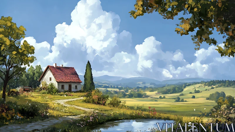 Country cottage overlooks bright summer valley landscape.