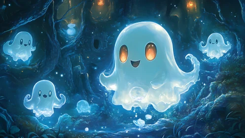 Glowing baby ghosts drift through luminous enchanted forest
