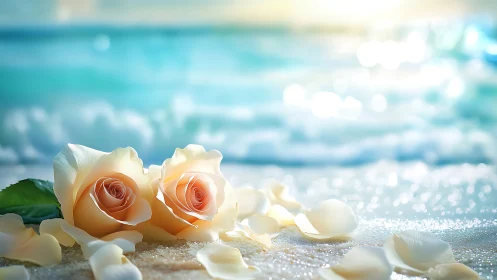 Soft peach roses resting gently on a sunlit ocean shore.