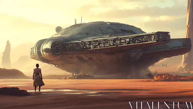 Desert approach toward low-hovering disk starfreighter vessel.