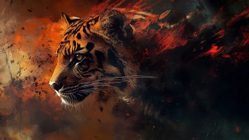 Fierce tiger emerges calmly from swirling fiery colors